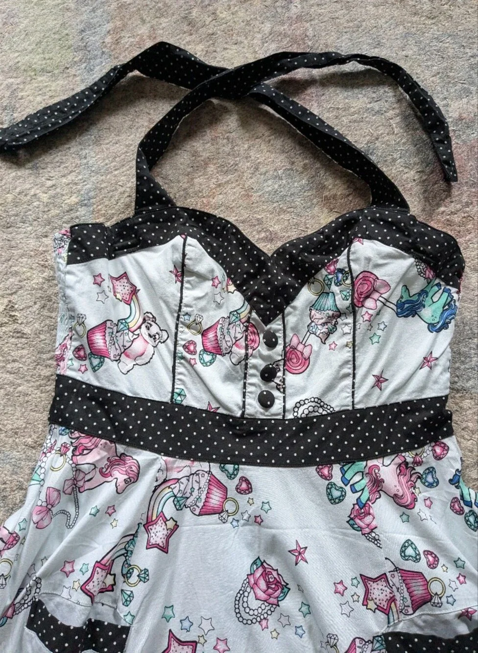 Hell Bunny White Retro Halter Midi Dress with Pink & Teal Print - Picture 2 of 5